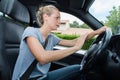 Female driver sounding horn car
