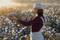 The female drone pilot walks into the field and inspects before the flight