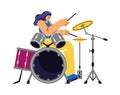 Female drummer playing rock music at drum kit with sticks, flat vector illustration isolated on white background. Royalty Free Stock Photo