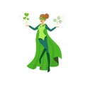 Female eco superhero levitates with green leaves Royalty Free Stock Photo