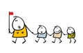 Female educator holds a flag sign and teacher leads group of children for a walk. Vector illustration of large family