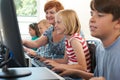 Female Elementary Pupil In Computer Class With Teacher