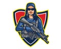 Female Elite Special Force Operator carrying Assault Riffle Cartoon Mascot Logo Badge Royalty Free Stock Photo