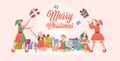 Female elves team throwing gift present boxes merry christmas happy new year winter holidays celebration concept