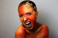 Female emotions, good mood. body art. face art. gray background. isolated. cosmetics, facial ma