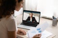 Female employee have webcam meeting with male boss Royalty Free Stock Photo