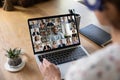 Female employee have webcam team meeting on laptop