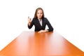 Female employee sitting at long table isolated on white Royalty Free Stock Photo