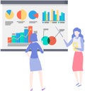 Female employees work with data analysis. Women analysing diagrams, statistical presentation