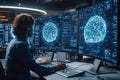 Female Engineer Analyzing Neural Networks on Multiple Monitors for Machine Learning Project.