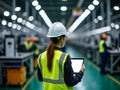 Female Engineer in Hard Hat Using Tablet on Factory Floor for Industrial Operations Management Royalty Free Stock Photo