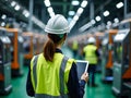 Female Engineer in Hard Hat Using Tablet on Factory Floor for Industrial Operations Management Royalty Free Stock Photo