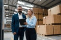 Female engineer and male production manager standing in modern industrial factory, talking about production