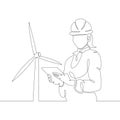 Female engineer with a tablet in a helmet against the background of a wind power station, clean renewable energy