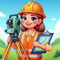 A female engineer in a yellow vest and orange helmet stands in a field, holding a map and a device. Royalty Free Stock Photo