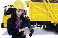 Female entrepreneur with palm fruit on the truck Royalty Free Stock Photo