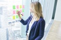 Female entrepreneur writing on colorful sticky notes on the window Royalty Free Stock Photo
