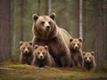 Female eurasian brown bear and her cubs in forest. Generated with AI Royalty Free Stock Photo