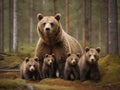 Eurasian brown bear and her cubs in boreal forest. Generated with AI Royalty Free Stock Photo