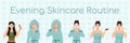 Female evening skincare routine flat color vector characters set