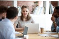 Female executive leader boss leading corporate multi-ethnic team meeting Royalty Free Stock Photo