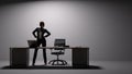 Female executive stands behind a large desk and strikes a power pose
