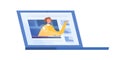 Female explaining or talking from screen of laptop vector flat illustration. Woman teaching at distance learning webinar