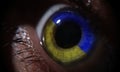 Female eye in blue and yellow iris color of Ukraine flag closeup