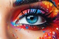 A female eye with bright and creative makeup combining blue, red, and yellow colors, emphasizing beauty and expression Royalty Free Stock Photo