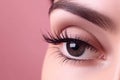 Female eye close-up on a pink background, beauty. Generative ai