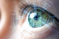Female eye with digital interface, hologram and binary code Royalty Free Stock Photo