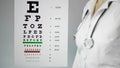 Female eye doctor near check table with letters, patient examination at hospital Royalty Free Stock Photo