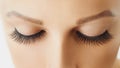 Female eye with extreme long false eyelashes. Eyelash extensions, make-up, cosmetics, beauty and skin care Royalty Free Stock Photo