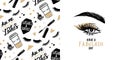 Female eye with long black eyelashes, golden eyeshadow, brows and vector seamless pattern with mascara, coffee cup.