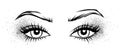 Female eyes with long black eyelashes, glitter silver eyeshadow and brows.