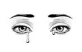 Female eyes weeping eyes with tears isolated on white