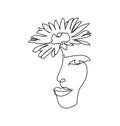 Female face with chamomile, daisy continuous line drawing. One line art of womans silhouette abstraction with flower.