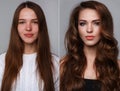 Female face with comparison after makeup and retouch.