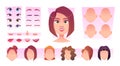 Female face constructor. Woman avatar creation kit face parts eyes lips head nose smile emotions exact vector cartoon