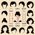 Female face creator. Vector set of dress up designer with different woman haircuts, glasses, lips etc in flat style. Royalty Free Stock Photo