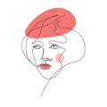 Female face drawn in one line. Woman in a coral beret. Continuous line.