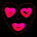 Female face with eyes and lips of hearts and oval face of arrows on black background. Valentine's Day Concept.