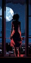 Moonlit Serenade: A Romantic Illustration Of A Girl Gazing At The Night Sky