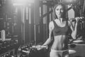 Female Face. Issues affecting girls. pretty woman training with metallic dumbbells