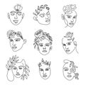 Female face line with flowers. Continuous lines art with woman minimalist portraits with bouquet in hairs. Fashion