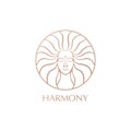 Female face logo. Emblem for a beauty or yoga salon. Style of harmony and beauty. Vector illustration