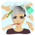 Female face and many hands making different beauty salon services Royalty Free Stock Photo