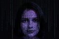 Female face with matrix digital numbers artifical intelligence AI theme with human face. computer binary code Royalty Free Stock Photo