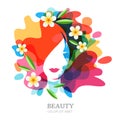 Female face and plumeria flowers on multicolor splash background. Vector abstract multiple exposure illustration, isolated.