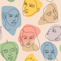 Female face seamless pattern. Modern continuous one line minimalist woman abstract portraits. Outline beauty girl heads